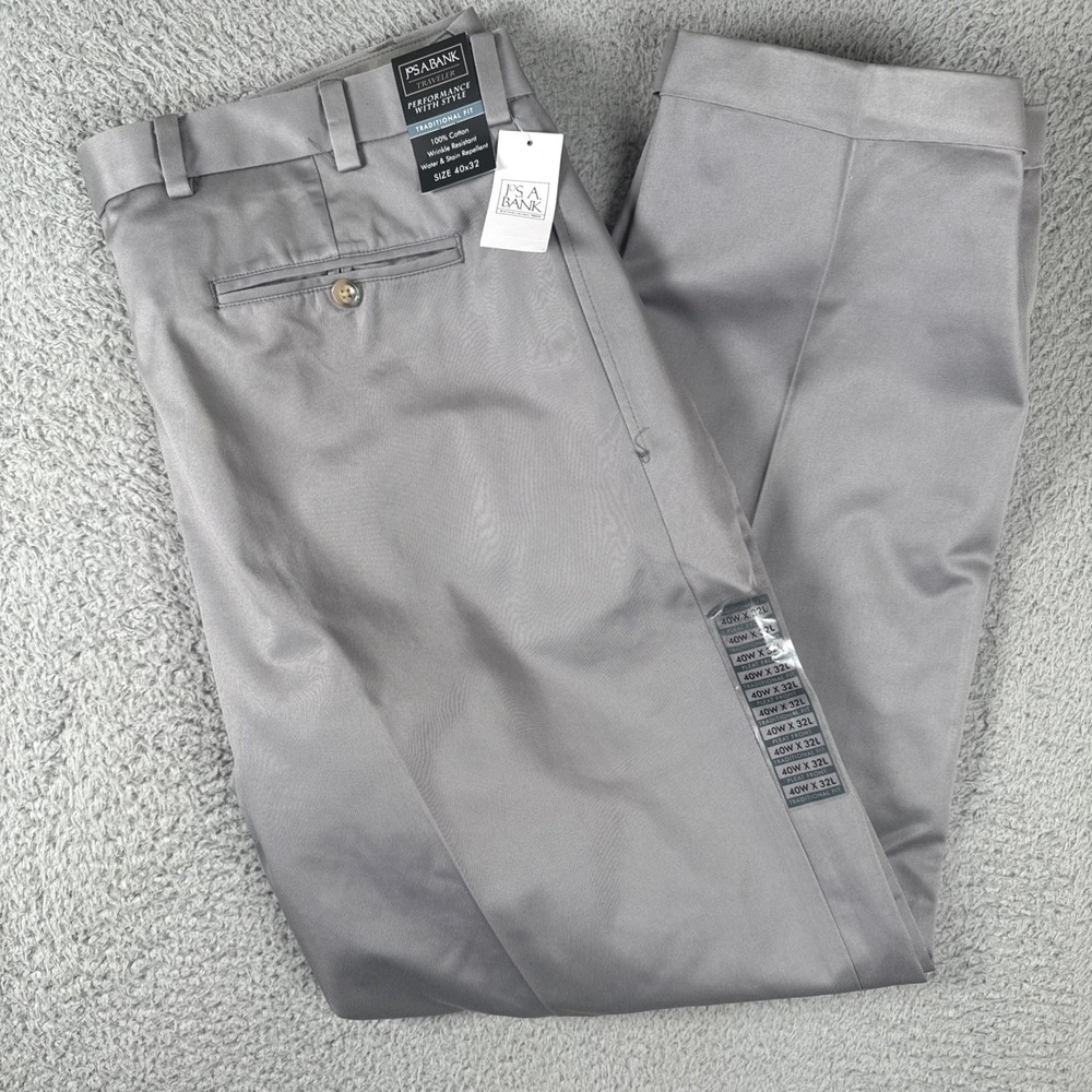 NEW Jos A Bank Traveler Chino Pants Mens 40x32 Stone Gray Pleated  Cuffed